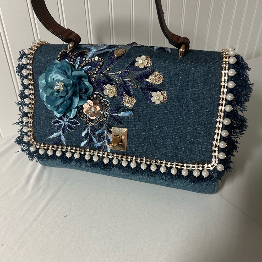 Blue and Brown Shoulder Bag with Rhinestone Embellishments